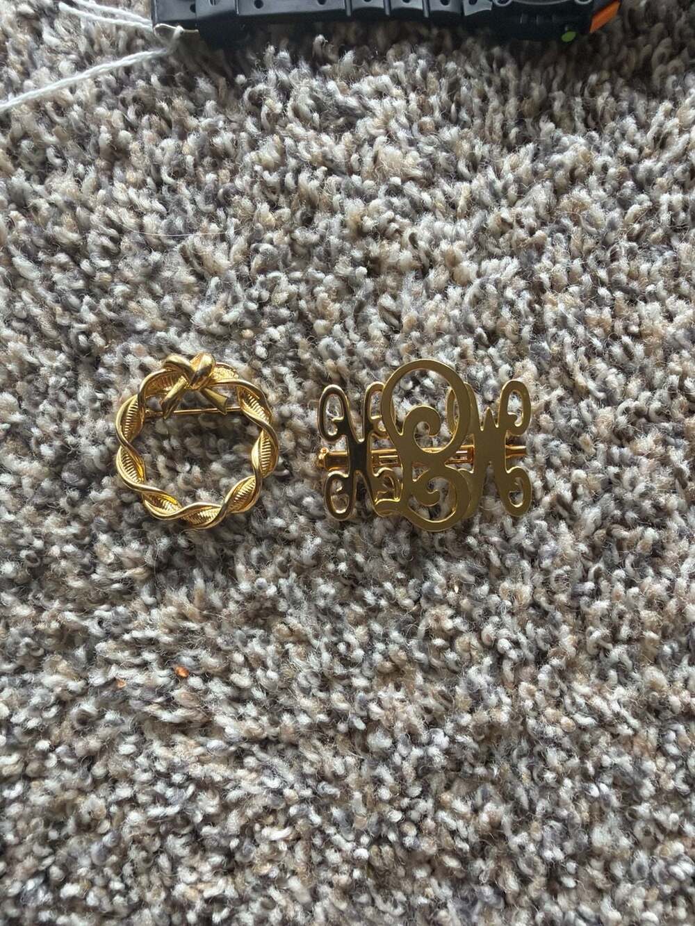 Vintage Napier Set of 2 Gold Tone Brooches: Wreath Knot and Script Monogram Pins